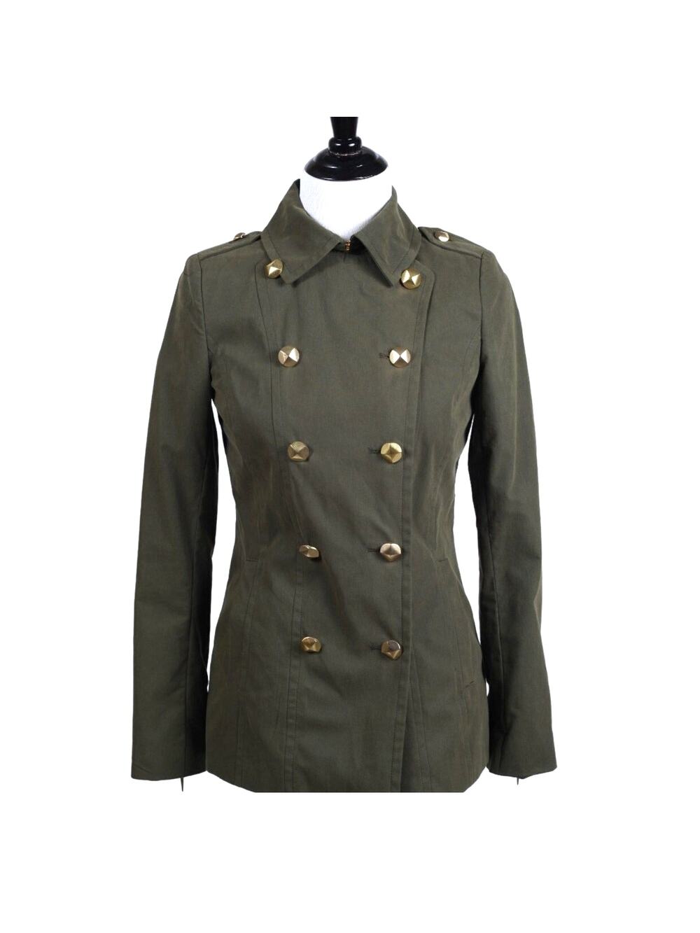 Rachel Roy Ladies Double Breasted Military Peacoat in Army Green w/ Gold Details